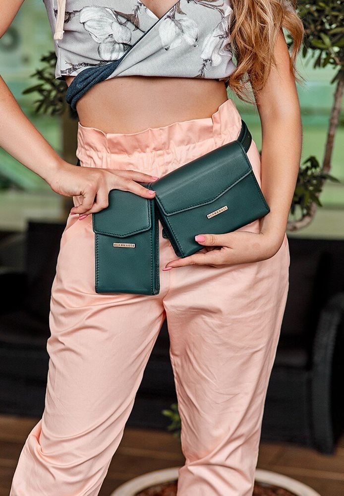 Набір жіночих шкіряних сумок BlankNote Mini поясна / кроссбоді зелені - BN-BAG-38-MALACHITE купити недорого в Ти Купи