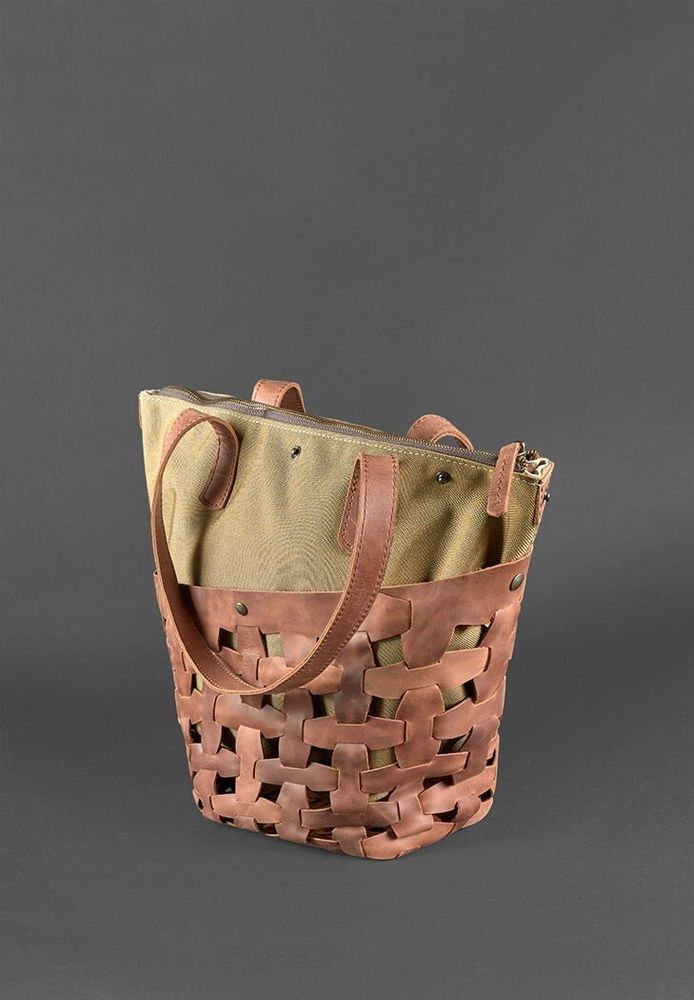 Шкіряна плетена жіноча сумка BlankNote Пазл L світло-коричнева Crazy Horse - BN-BAG-33-K-KR купити недорого в Ти Купи