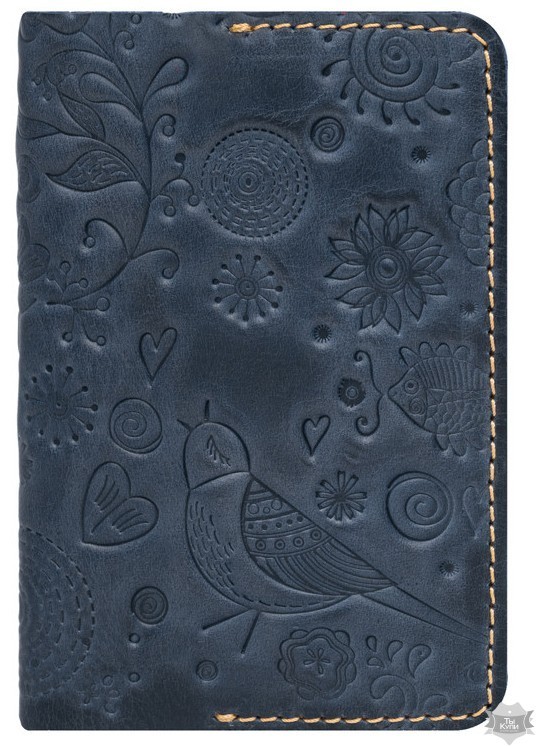 Женская кожаная обложка для паспорта ручной работы Gato Negro Birds синяя