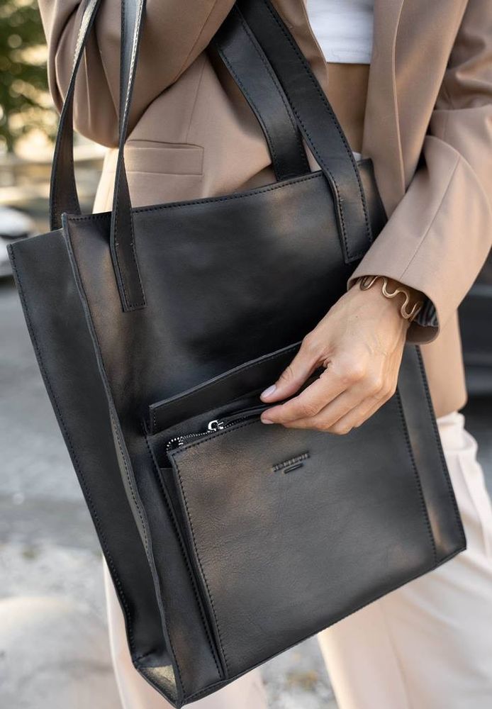 Женский кожаный шоппер Бэтси с карманом черная Краст BN-BAG-10-1-G купить недорого в Ты Купи