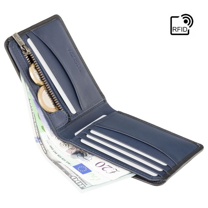 Кожаный мужской кошелек Visconti PLR72 Segesta c RFID (Black-Steel Blue) купить недорого в Ты Купи