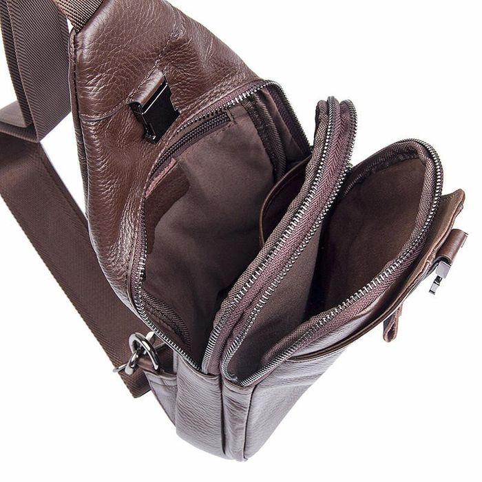Мужская коричневая кожаная сумка-слинг John McDee jd4007c купить недорого в Ты Купи