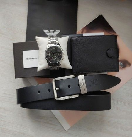 Мужской подарочный набор часы, кожаный ремень и кошелек black/silver купить недорого в Ты Купи