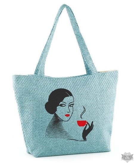 Женская сумка из ткани для отдыха «Девушка с кофе» бирюзовая купить недорого в Ты Купи
