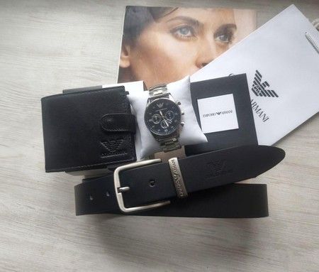 Чоловічий подарунковий набір годинник, шкіряний ремінь та гаманець black/silver купити недорого в Ти Купи
