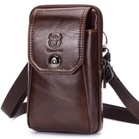 Кожаная темно-коричневая сумка на пояс для смартфона Bull т0158 купить недорого в Ты Купи