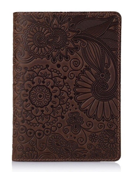 Кожаная коричневая обложка на паспорт HiArt PC-01 Mehendi Art Коричневый купить недорого в Ты Купи
