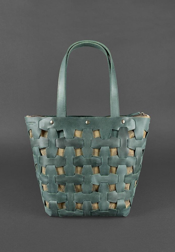Шкіряна плетена жіноча сумка BlankNote Пазл L зелена Crazy Horse - BN-BAG-33-IZ купити недорого в Ти Купи