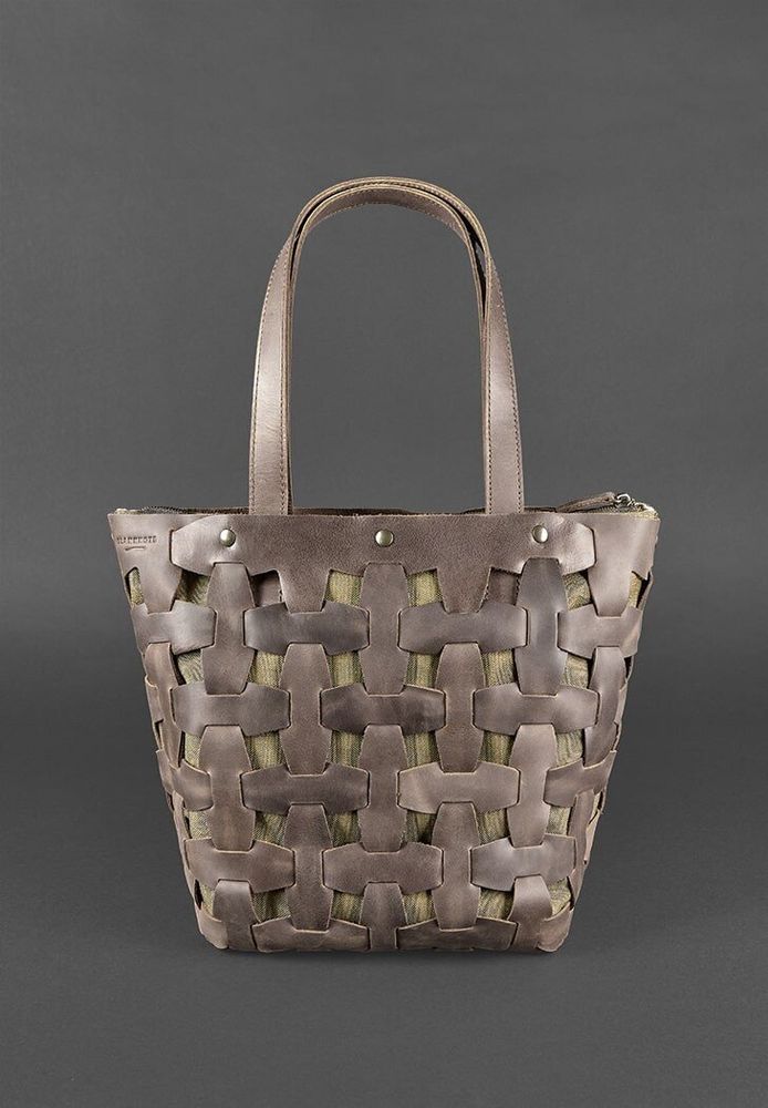 Шкіряна плетена жіноча сумка BlankNote Пазл L темно-коричнева Crazy Horse - BN-BAG-33-O купити недорого в Ти Купи