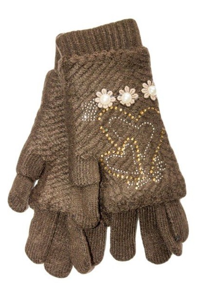 Коричневі в'язані жіночі рукавички-мітенки Shust Gloves купити недорого в Ти Купи