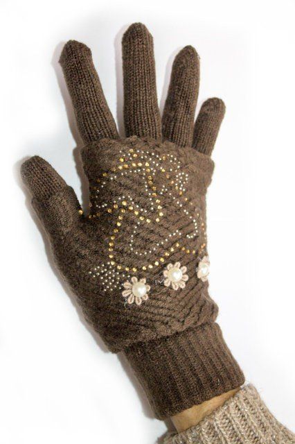 Коричневі в'язані жіночі рукавички-мітенки Shust Gloves купити недорого в Ти Купи