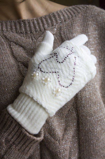 В'язані жіночі білі рукавички-мітенки Shust Gloves купити недорого в Ти Купи